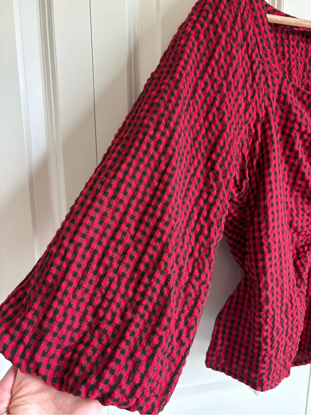 LOFT Gingham Gathered Square Neck Top Red Black Puff Sleeve Blouse Size 8 Picnic